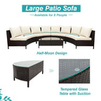 Ensemble sectionnel 5 pièces en rotin PE marron tout temps, canapé d'extérieur demi-lune avec table en verre trempé pour patio et jardin