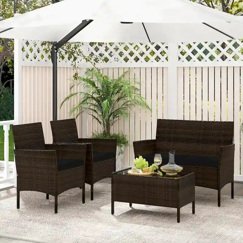 Set da conversazione per patio in rattan Gymax da 4 pezzi, mobili da esterno in vimini