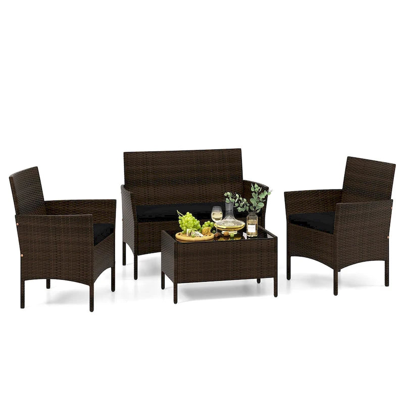 Set da conversazione per patio in rattan Gymax da 4 pezzi, mobili da esterno in vimini