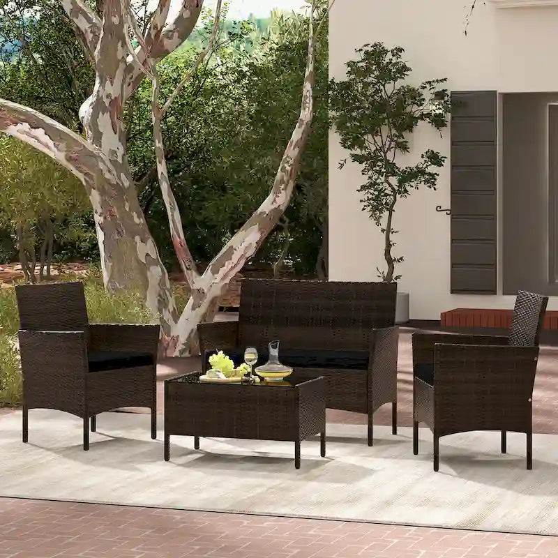 Set da conversazione per patio in rattan Gymax da 4 pezzi, mobili da esterno in vimini