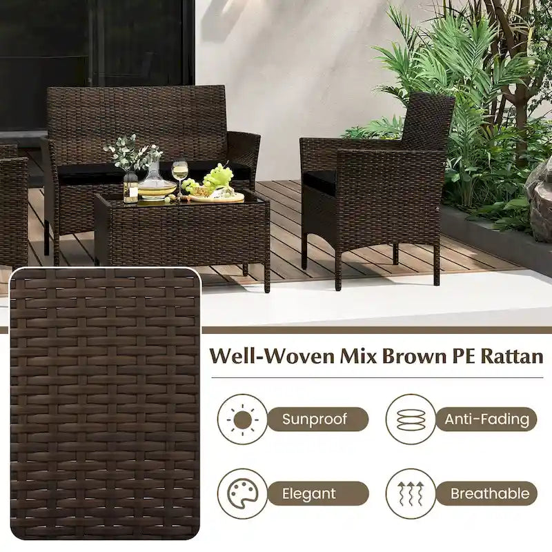 Set da conversazione per patio in rattan Gymax da 4 pezzi, mobili da esterno in vimini
