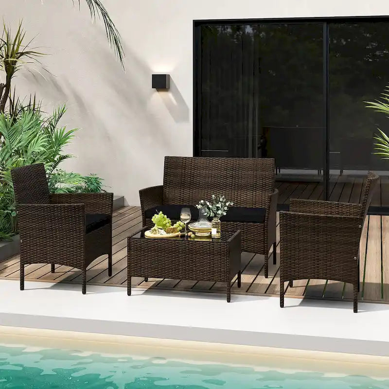 Set da conversazione per patio in rattan Gymax da 4 pezzi, mobili da esterno in vimini