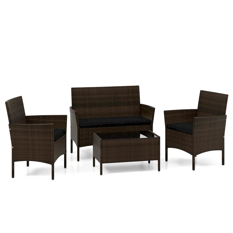 Set da conversazione per patio in rattan Gymax da 4 pezzi, mobili da esterno in vimini