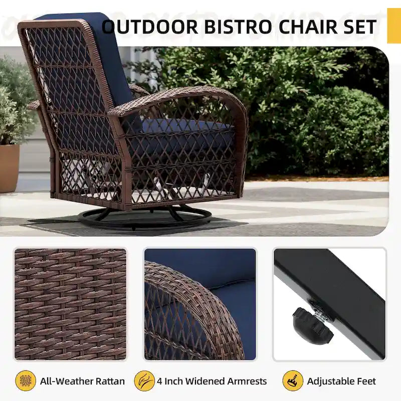 Set da 3 Pezzi UPHA con Poltrone a Dondolo Girevoli in Vimini da Esterno per Patio, Tavolino Laterale e Cuscini
