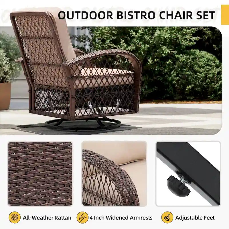 Set da 3 Pezzi UPHA con Poltrone a Dondolo Girevoli in Vimini da Esterno per Patio, Tavolino Laterale e Cuscini
