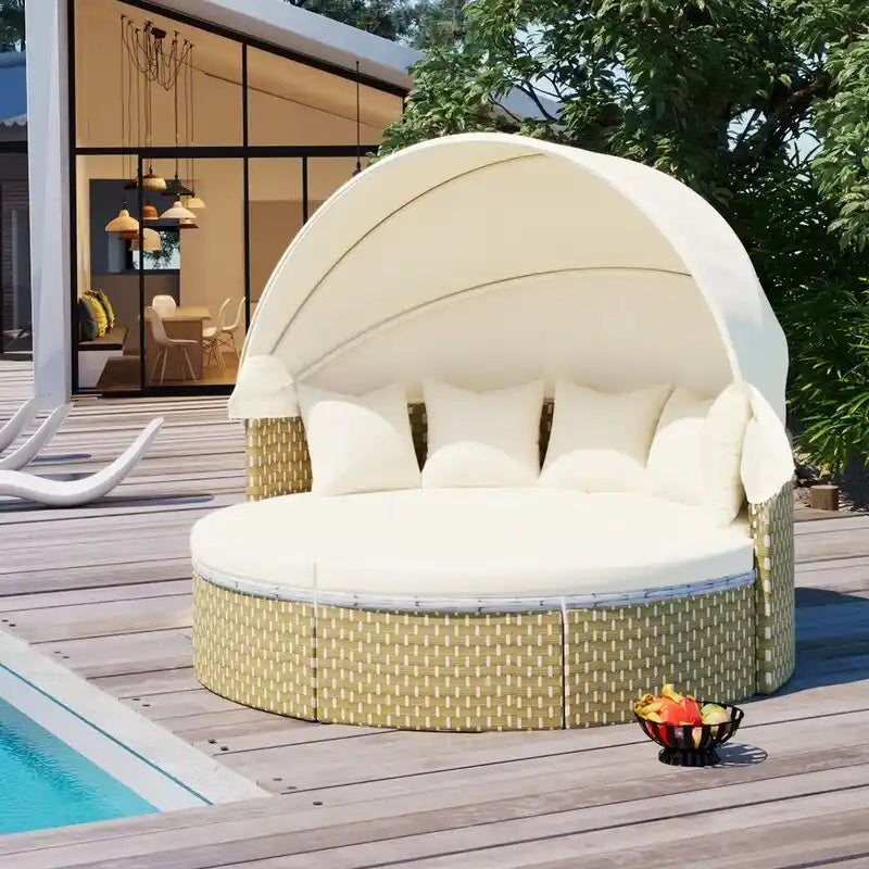 Set Divano Sezionale Rotondo da Esterno Divano Letto in Rattan Bicolore con Baldacchino Retrattile e Sedute Modulari