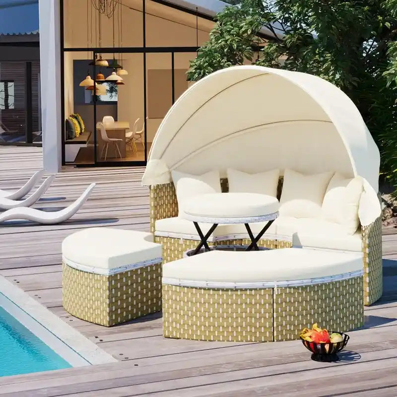 Set Divano Sezionale Rotondo da Esterno Divano Letto in Rattan Bicolore con Baldacchino Retrattile e Sedute Modulari