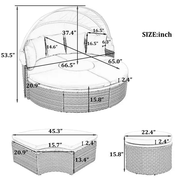 Set Divano Sezionale Rotondo da Esterno Divano Letto in Rattan Bicolore con Baldacchino Retrattile e Sedute Modulari