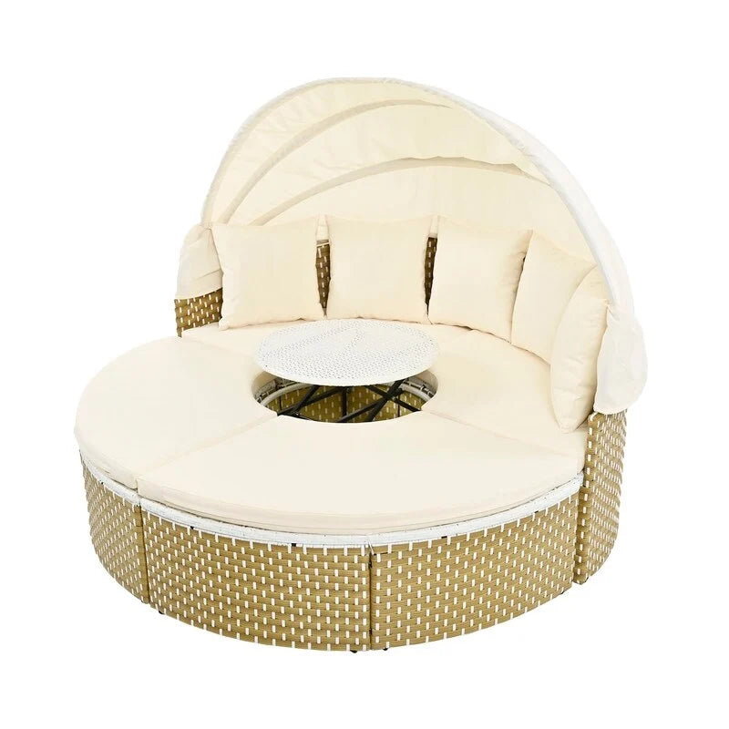 Set Divano Sezionale Rotondo da Esterno Divano Letto in Rattan Bicolore con Baldacchino Retrattile e Sedute Modulari