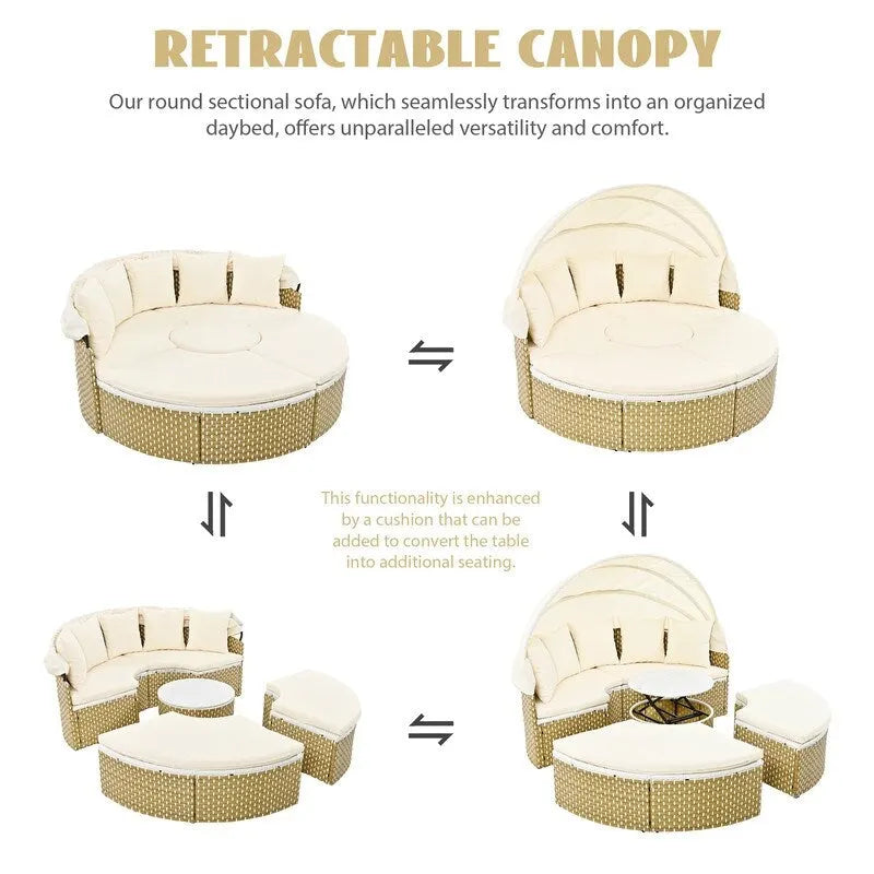 Set Divano Sezionale Rotondo da Esterno Divano Letto in Rattan Bicolore con Baldacchino Retrattile e Sedute Modulari