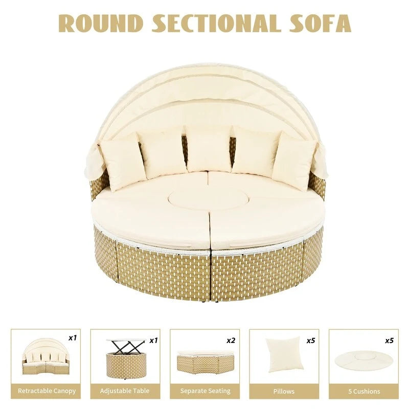 Set Divano Sezionale Rotondo da Esterno Divano Letto in Rattan Bicolore con Baldacchino Retrattile e Sedute Modulari