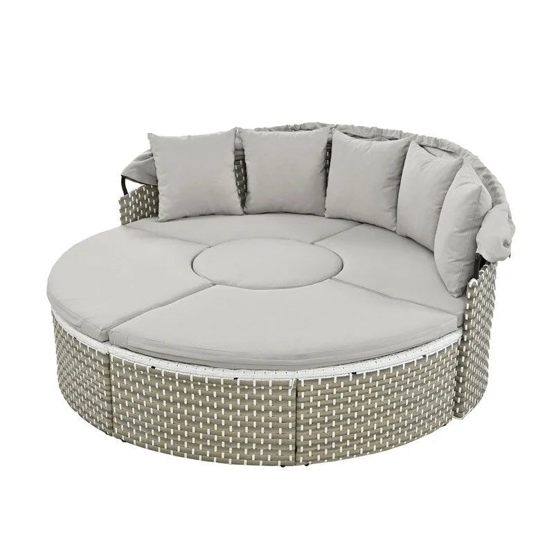 Set Divano Sezionale Rotondo da Esterno Divano Letto in Rattan Bicolore con Baldacchino Retrattile e Sedute Modulari