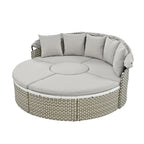 Set Divano Sezionale Rotondo da Esterno Divano Letto in Rattan Bicolore con Baldacchino Retrattile e Sedute Modulari