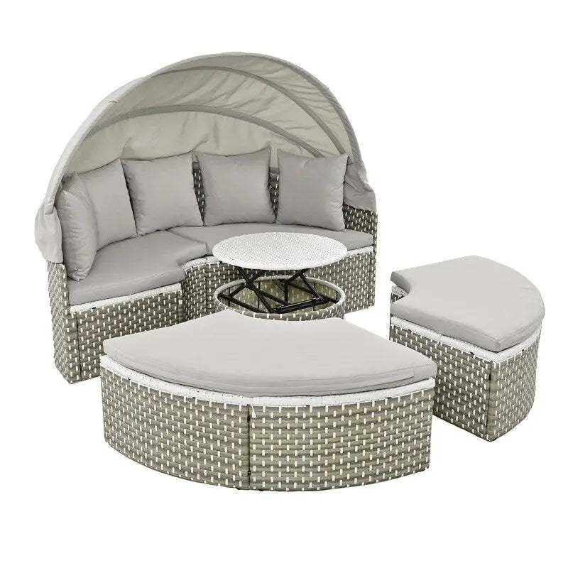 Set Divano Sezionale Rotondo da Esterno Divano Letto in Rattan Bicolore con Baldacchino Retrattile e Sedute Modulari