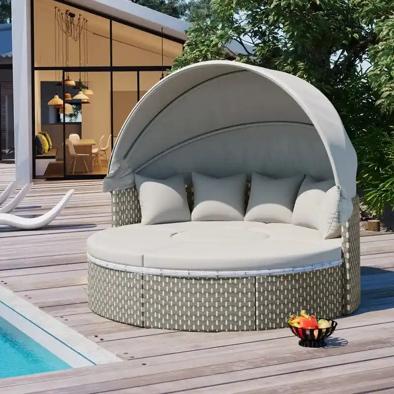 Set Divano Sezionale Rotondo da Esterno Divano Letto in Rattan Bicolore con Baldacchino Retrattile e Sedute Modulari