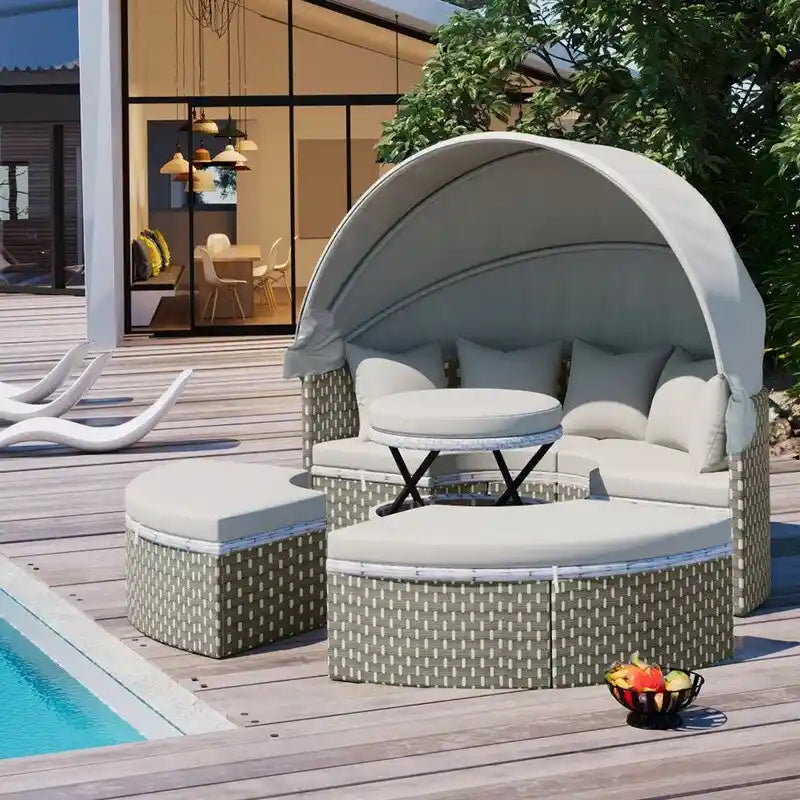 Set Divano Sezionale Rotondo da Esterno Divano Letto in Rattan Bicolore con Baldacchino Retrattile e Sedute Modulari