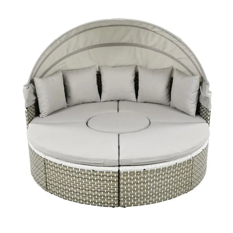 Set Divano Sezionale Rotondo da Esterno Divano Letto in Rattan Bicolore con Baldacchino Retrattile e Sedute Modulari