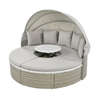 Set Divano Sezionale Rotondo da Esterno Divano Letto in Rattan Bicolore con Baldacchino Retrattile e Sedute Modulari