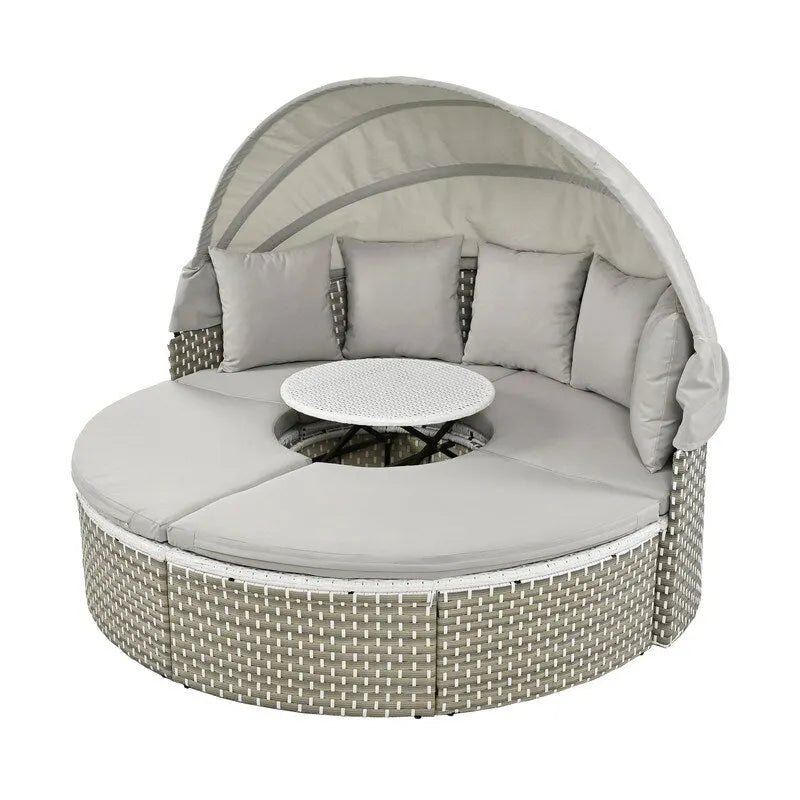 Set Divano Sezionale Rotondo da Esterno Divano Letto in Rattan Bicolore con Baldacchino Retrattile e Sedute Modulari