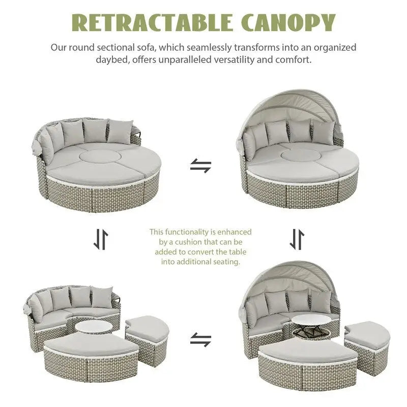 Set Divano Sezionale Rotondo da Esterno Divano Letto in Rattan Bicolore con Baldacchino Retrattile e Sedute Modulari