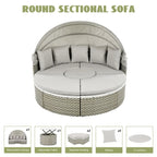 Set Divano Sezionale Rotondo da Esterno Divano Letto in Rattan Bicolore con Baldacchino Retrattile e Sedute Modulari