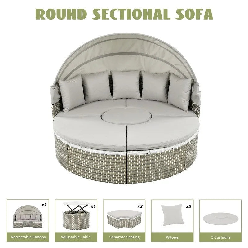 Set Divano Sezionale Rotondo da Esterno Divano Letto in Rattan Bicolore con Baldacchino Retrattile e Sedute Modulari