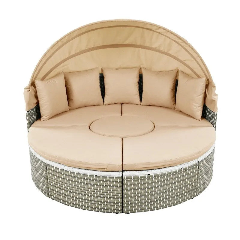 Set Divano Sezionale Rotondo da Esterno Divano Letto in Rattan Bicolore con Baldacchino Retrattile e Sedute Modulari