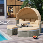 Set Divano Sezionale Rotondo da Esterno Divano Letto in Rattan Bicolore con Baldacchino Retrattile e Sedute Modulari