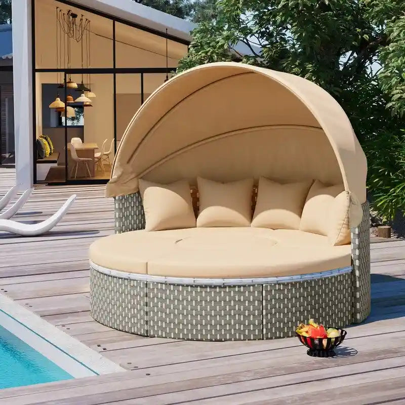 Set Divano Sezionale Rotondo da Esterno Divano Letto in Rattan Bicolore con Baldacchino Retrattile e Sedute Modulari