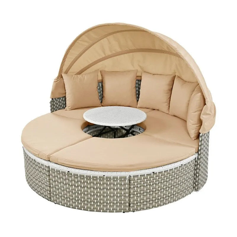 Set Divano Sezionale Rotondo da Esterno Divano Letto in Rattan Bicolore con Baldacchino Retrattile e Sedute Modulari