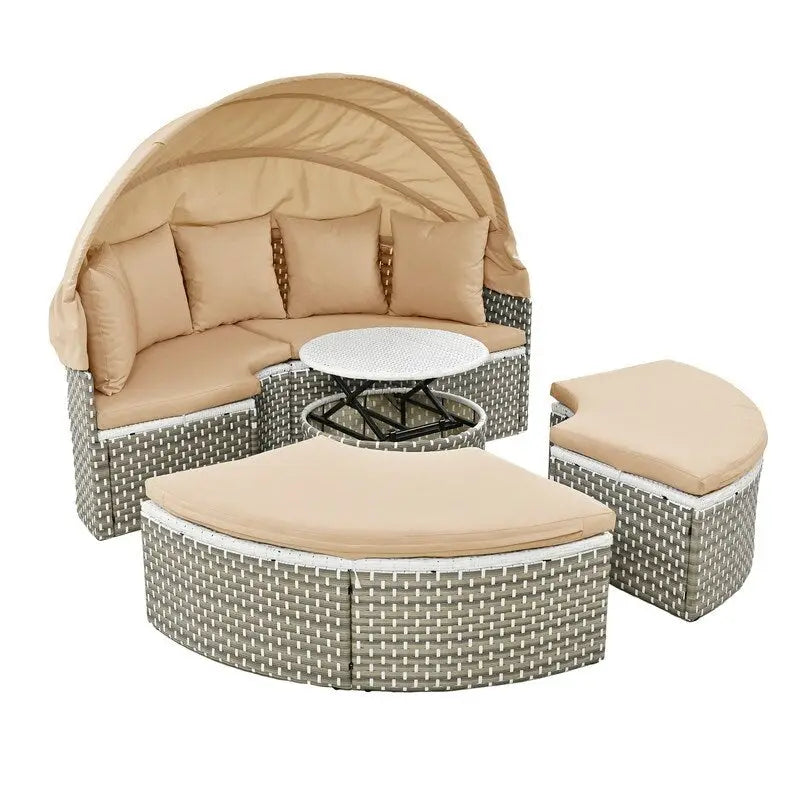 Set Divano Sezionale Rotondo da Esterno Divano Letto in Rattan Bicolore con Baldacchino Retrattile e Sedute Modulari