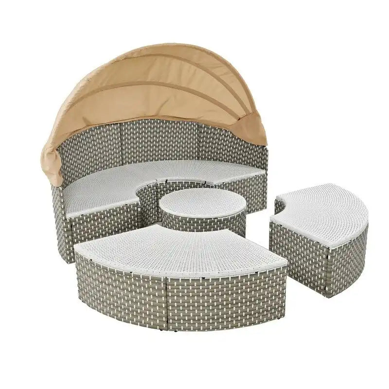 Set Divano Sezionale Rotondo da Esterno Divano Letto in Rattan Bicolore con Baldacchino Retrattile e Sedute Modulari