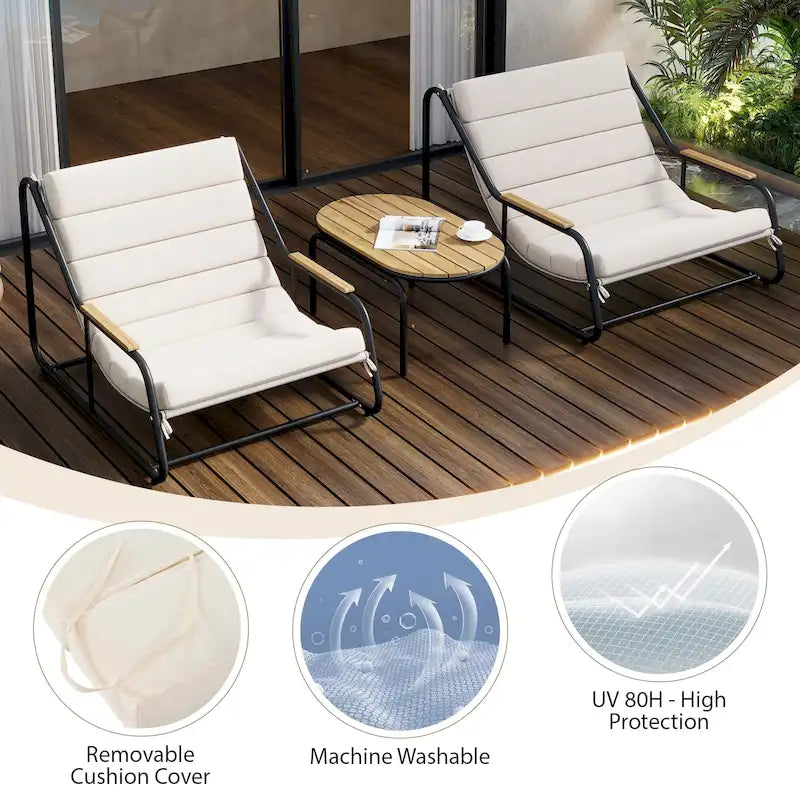 Set di 3 sedie a sdraio da esterno per prato, terrazza, spiaggia, set conversazione con sedie a braccioli e tavolino laterale in acacia