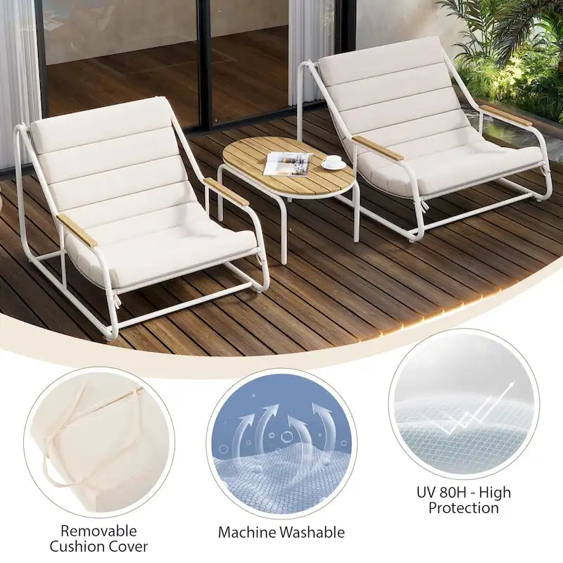 Set di 3 sedie a sdraio da esterno per prato, terrazza, spiaggia, set conversazione con sedie a braccioli e tavolino laterale in acacia