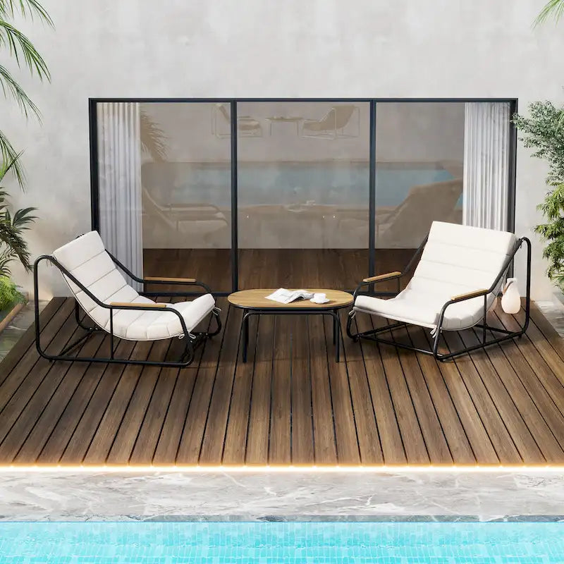 Set di 3 sedie a sdraio da esterno per prato, terrazza, spiaggia, set conversazione con sedie a braccioli e tavolino laterale in acacia