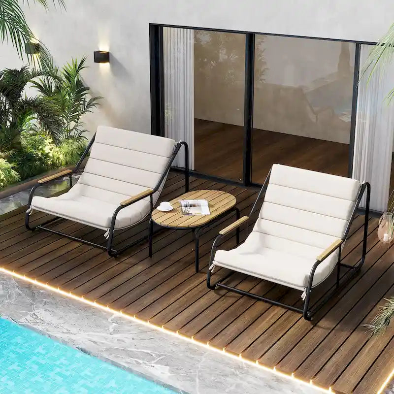 Set di 3 sedie a sdraio da esterno per prato, terrazza, spiaggia, set conversazione con sedie a braccioli e tavolino laterale in acacia