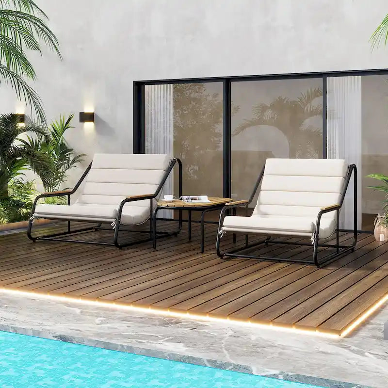 Set di 3 sedie a sdraio da esterno per prato, terrazza, spiaggia, set conversazione con sedie a braccioli e tavolino laterale in acacia