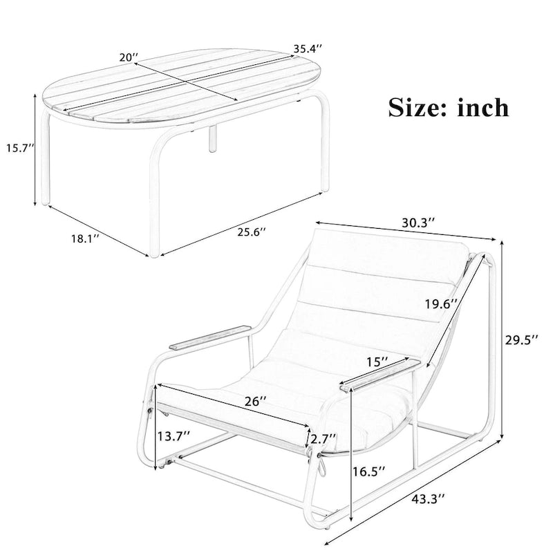 Set di 3 sedie a sdraio da esterno per prato, terrazza, spiaggia, set conversazione con sedie a braccioli e tavolino laterale in acacia