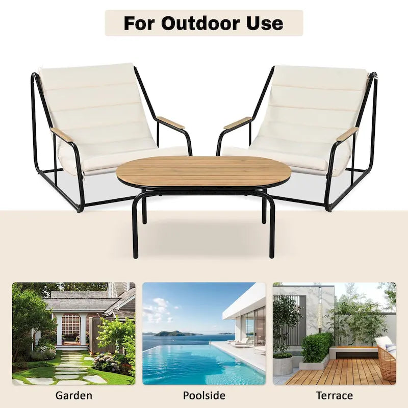 Set di 3 sedie a sdraio da esterno per prato, terrazza, spiaggia, set conversazione con sedie a braccioli e tavolino laterale in acacia