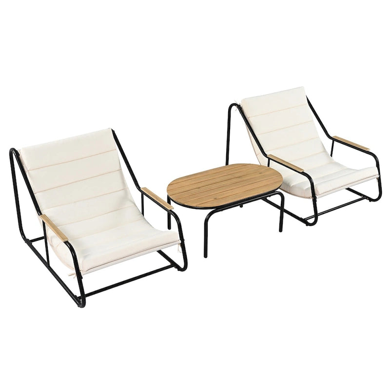 Set di 3 sedie a sdraio da esterno per prato, terrazza, spiaggia, set conversazione con sedie a braccioli e tavolino laterale in acacia