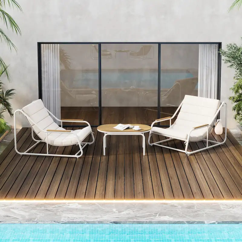 Set di 3 sedie a sdraio da esterno per prato, terrazza, spiaggia, set conversazione con sedie a braccioli e tavolino laterale in acacia
