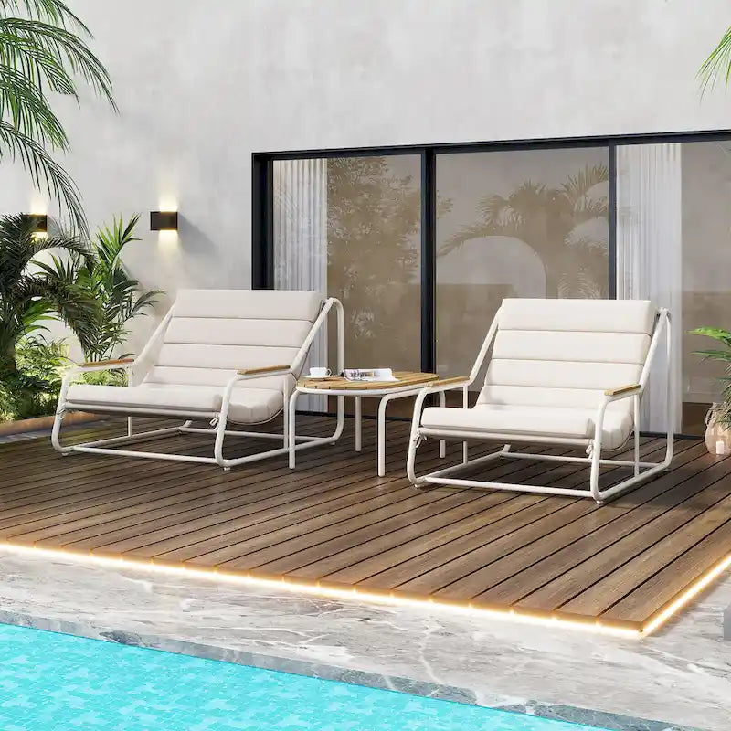 Set di 3 sedie a sdraio da esterno per prato, terrazza, spiaggia, set conversazione con sedie a braccioli e tavolino laterale in acacia