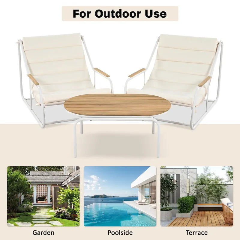 Set di 3 sedie a sdraio da esterno per prato, terrazza, spiaggia, set conversazione con sedie a braccioli e tavolino laterale in acacia