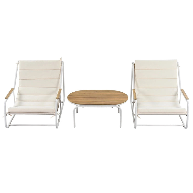 Set di 3 sedie a sdraio da esterno per prato, terrazza, spiaggia, set conversazione con sedie a braccioli e tavolino laterale in acacia