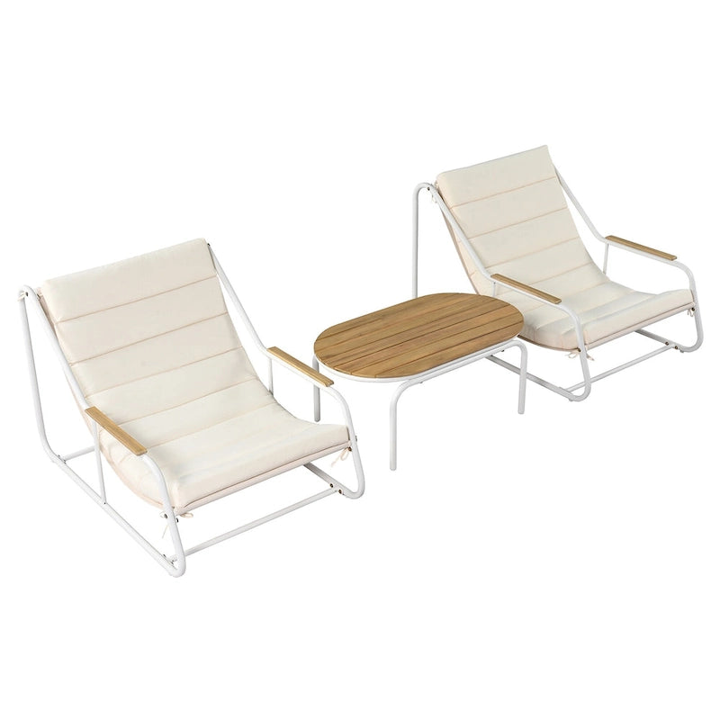 Set di 3 sedie a sdraio da esterno per prato, terrazza, spiaggia, set conversazione con sedie a braccioli e tavolino laterale in acacia