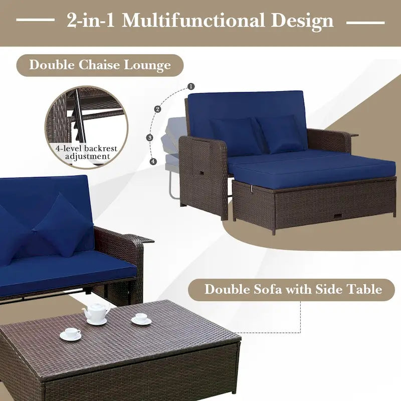 Gymax Set Divanetto Rattan Daybed Lounge Pouf Contenitore Tavolini Laterali