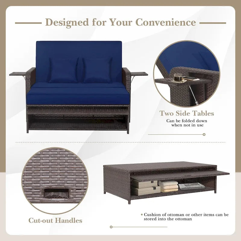 Gymax Set Divanetto Rattan Daybed Lounge Pouf Contenitore Tavolini Laterali