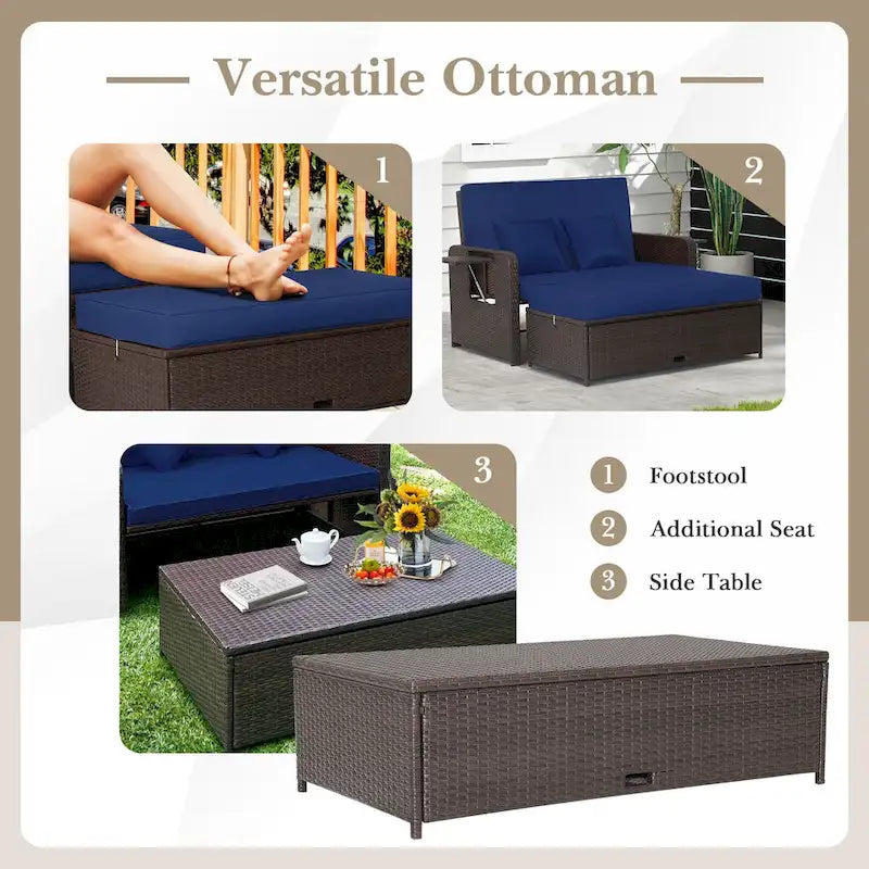 Gymax Set Divanetto Rattan Daybed Lounge Pouf Contenitore Tavolini Laterali