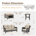 Set di mobili da esterno da 9 pezzi con sedie girevoli in vimini con poggiapiedi