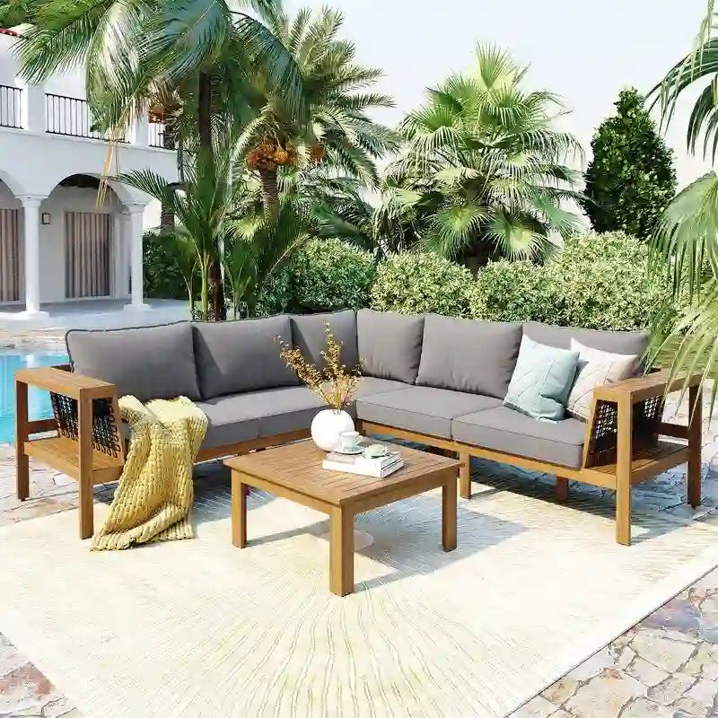 Set da esterni a L in 4 pezzi con tavolo da caffè, divano sezionale da esterno in legno di acacia con tavolino laterale e cuscini
